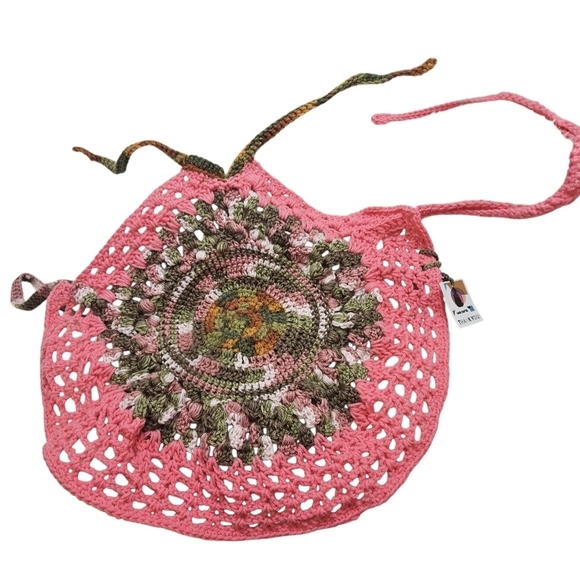 Handmade Crochet Halter Top Boho Camo Pink Green Swim Cover Up Top - Picture 7 of 17